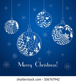 Christmas balls. Christmas greeting card with snowflakes in zentangle style. Vector illustration. 