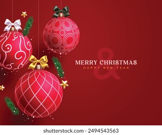 Christmas balls greetings card vector background design. Merry christmas and happy new year text with hanging printed xmas ball, pine tree leaves and stars elements in red elegant background. Vector 