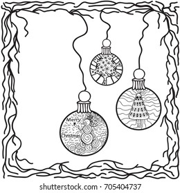 Christmas balls. Hand drawn illustration. Freehand sketch for adult anti stress coloring book page with doodle and zentangle elements.