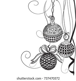 Christmas balls. Hand drawn illustration. Freehand sketch for adult anti stress coloring book page with doodle and zentangle elements.