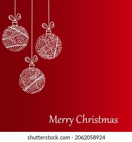 Christmas balls - hand drawn vector illustration  on red background. 
Merry Christmas greeting card.