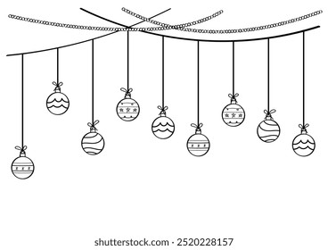 Bolas de Natal penduradas no teto Vetor. Ilustração de dezembro. Design Linear.