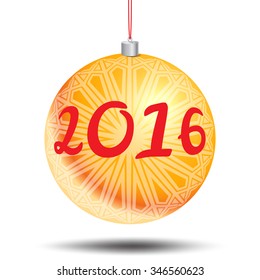 Christmas balls hanging. Christmas decoration made from snowflakes. Creative happy new year 2016 design. Christmas balls with red ribbon and lettering 2016