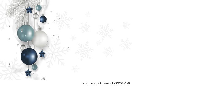 Christmas balls hanging with grey pine trees, stars, isolated on white background. Xmas holiday banner. Copy space. Vector illustration.