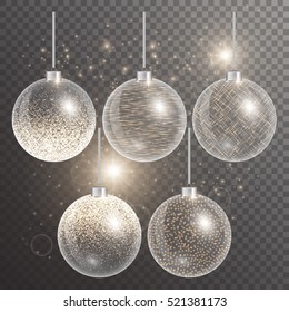 Christmas balls hanging. New year celebration, 2017. Glowing lights. Set of celebrations items. Vector illustration of a transparent backdrop.
