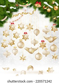 Christmas balls hanging on fir tree. EPS 10 vector file included