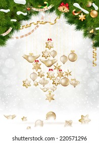 Christmas balls hanging on fir tree. EPS 10 vector file included