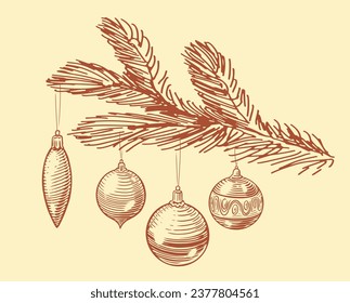 Christmas balls hanging on a fir tree branch. Holiday decorations sketch vintage vector illustration