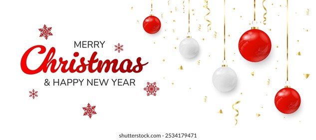 Christmas balls hanging on golden threads and golden confetti isolated on light background with inscription, Merry Christmas and Happy New Year. Vector illustration.