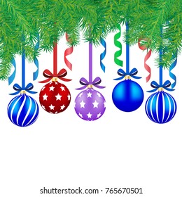 Christmas balls hanging on pine branch with white background., vector illustration