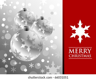 Christmas balls are hanging on a silver background with snowflakes and circles for snow. The right side is copyspace text for a card or greetings background.