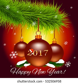 Christmas balls hanging on Christmas tree branch. Falling snowflakes, the words "Happy New Year". Vector illustration