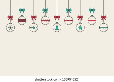 Christmas balls hanging on white background with copyspace. Decoration. Vector