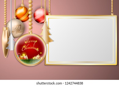 Christmas Balls Hanging Ornaments Decoration with Golden frame on pink background.vector illustration