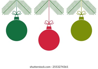 Christmas balls hanging ornaments on Christmas tree branches. Vector illustration