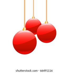 Christmas balls hanging with ribbons on white background. Vector