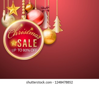 Christmas balls hanging sale promotional banner with decoration element on red background.copy spec