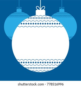 Christmas balls hanging. Tree toys with ornament. Blue background. Simple flat design.