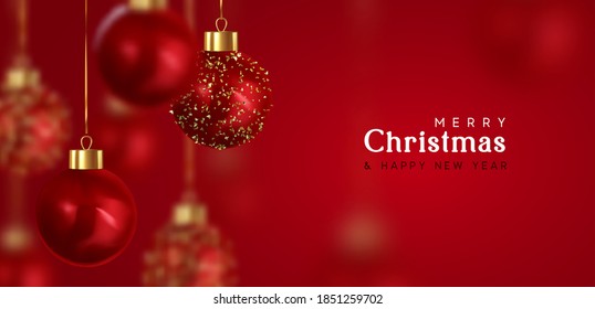 Christmas balls. Happy New Year and Merry Christmas. Background with realistic 3d red Xmas bauble balls hanging on ribbon Motion blur effect. vector illustration