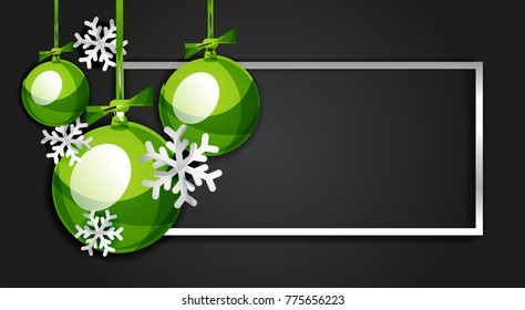 Christmas balls, Happy New Year banner, black background, 2018 template