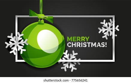 Christmas balls, Happy New Year banner, black background, 2018 template