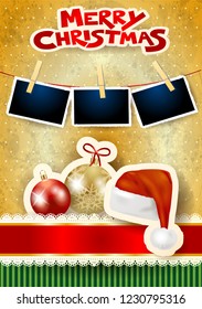 Christmas balls, hat, photo frames and text on paper background. Vector illustration eps10