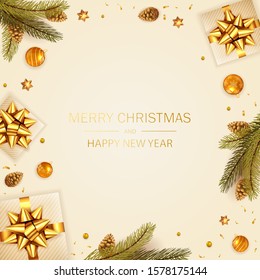 Christmas balls, holiday gifts with golden bow, fir tree branches with pine cones and shiny stars on beige background. Illustration can be used for Christmas design, posters, cards, websites, banners.