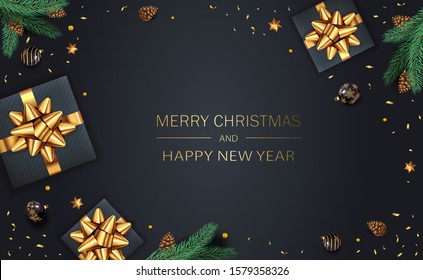 Christmas balls, holiday gifts with golden bow, fir tree branches, pine cones and shiny stars on black background. Illustration can be used for Christmas design, posters, cards, websites and banners.