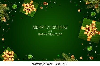 Christmas balls, holiday gifts with golden bow, fir tree branches, pine cones and shiny stars on green background. Illustration can be used for Christmas design, posters, cards, websites and banners.