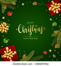 Christmas balls, holiday gifts with golden bow, fir tree branches with pine cones and shiny stars on green background. Illustration can be used for Christmas design, posters, cards, websites, banners