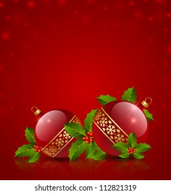 Christmas balls with holly on starry red background