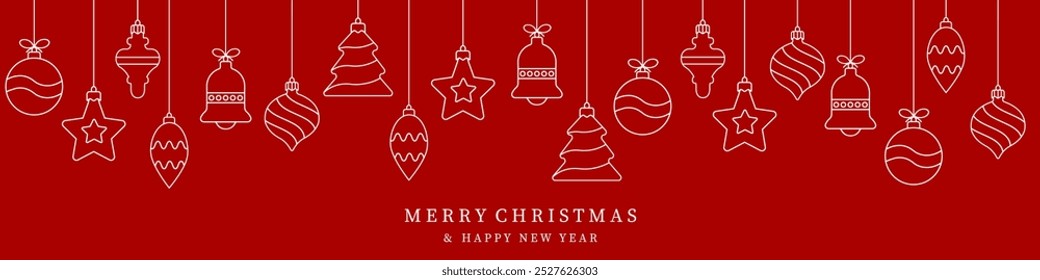 Christmas balls icon isolated on a red background. Christmas card with holidays decoration.Christmas balls border . Marry Christmas and Happy New Year background.