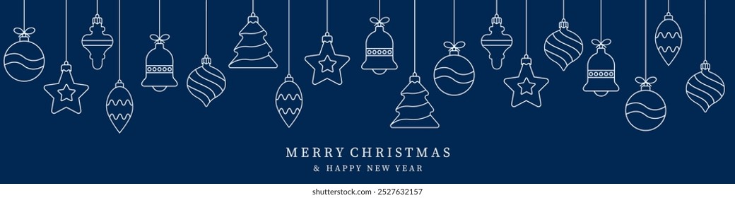 Christmas balls icon isolated on a blue background. Christmas card with holidays decoration.Christmas balls border . Marry Christmas and Happy New Year background.