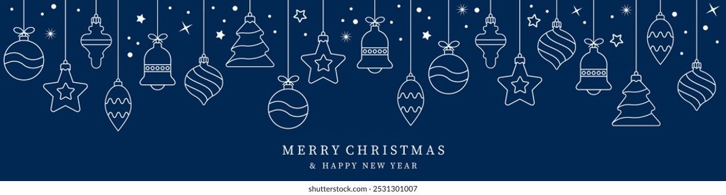 Christmas balls icon isolated on a blue background. Christmas card with holidays decoration. Christmas balls border . Marry Christmas and Happy New Year background.