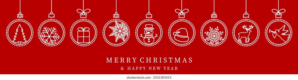 Christmas balls icon isolated on a red background. Christmas card with holidays decoration. Christmas balls border . Marry Christmas and Happy New Year background.