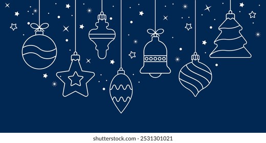 Christmas balls icon isolated on a blue background. Christmas card with holidays decoration. Christmas balls border . Marry Christmas and Happy New Year background.