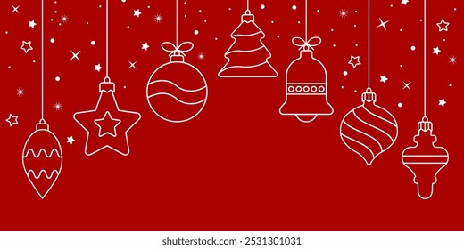 Christmas balls icon isolated on a red background. Christmas card with holidays decoration. Christmas balls border . Marry Christmas and Happy New Year background.