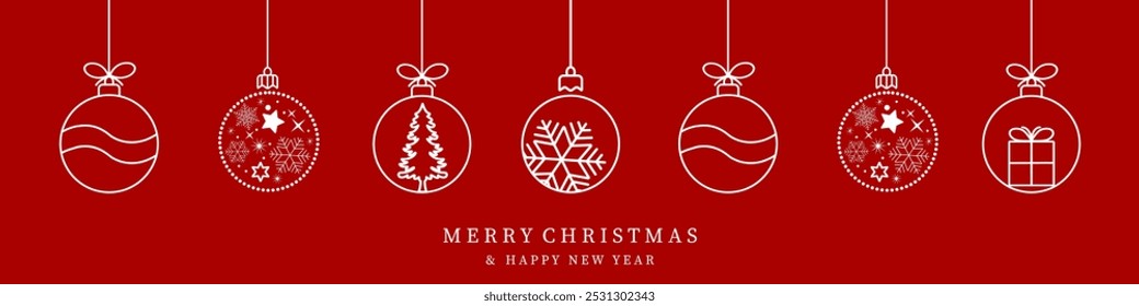 Christmas balls icon isolated on a red background. Christmas card with holidays decoration. Christmas balls border . Marry Christmas and Happy New Year background.