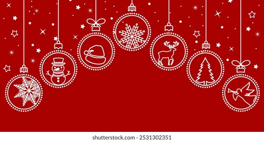 Christmas balls icon isolated on a red background. Christmas card with holidays decoration. Christmas balls border . Marry Christmas and Happy New Year background.