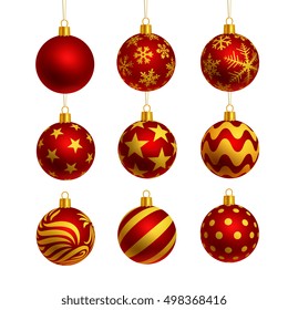 christmas balls icon set, red color, realistic style, vector illustration.