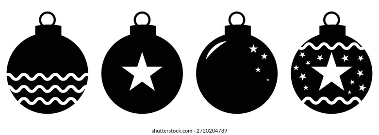 Weihnachtsbälle Symbol Set Vektor: Festliche Ornament Bauble Silhouette Kollektion. Solide schwarze Symbole für Feiertagsdekoration, Saisongrüße und Winterdesign.	