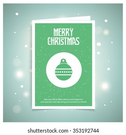 Christmas balls icons on snowflake background. Christmas book cover or flyer template, vector green background. Mockup template