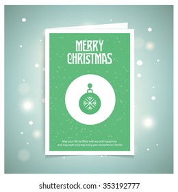 Christmas balls icons on snowflake background. Christmas book cover or flyer template, vector green background. Mockup template