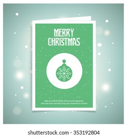 Christmas balls icons on snowflake background. Christmas book cover or flyer template, vector green background. Mockup template