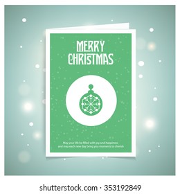 Christmas balls icons on snowflake background. Christmas book cover or flyer template, vector green background. Mockup template