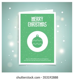 Christmas balls icons on snowflake background. Christmas book cover or flyer template, vector green background. Mockup template