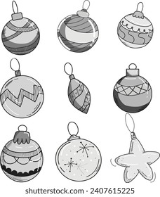 Christmas balls icons set on white background. Hand drawn style with caroon details. Isolated items. Vector illustration. Use for promotion and social media.