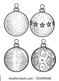 Christmas balls illustration, drawing, engraving, ink, line art, vector