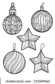 Christmas balls illustration, drawing, engraving, ink, line art, vector