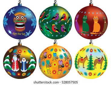 Christmas balls with images of grandfather of a frost, animals, bees, birds